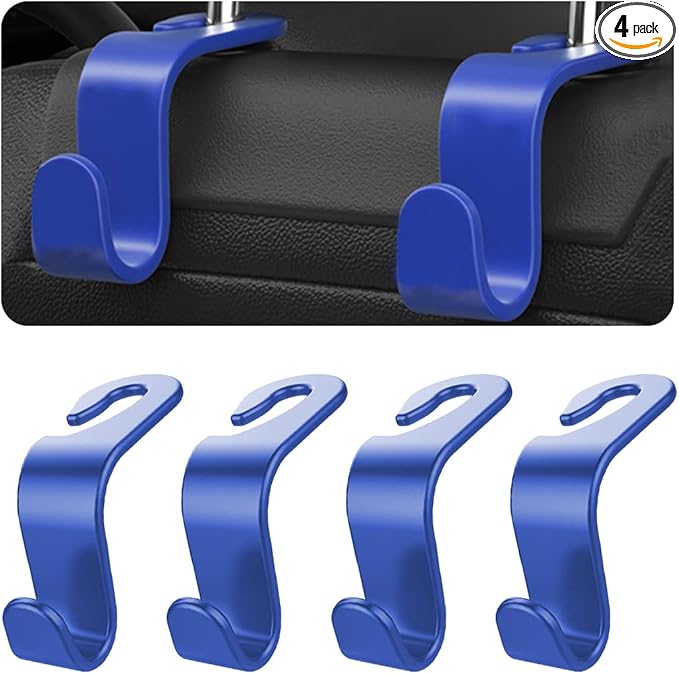 Car Back Seat Headrest Hooks, 4PCS Vehicle Backseat Storage Organizer Hanger, Multifunctional Auto Headrest Hidden Hook Universal for Handbag Purse Backpacks Bags and Groceries (Blue)
