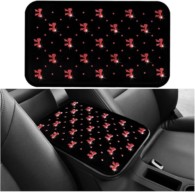 Car Center Console Cover, Waterproof Leather Bow Ribbon Vehicle Arm Rest Pad, Comfortable Automotive Interior Seat Box Armrest Protection Cushion Accessories, Universal Fit (Red)