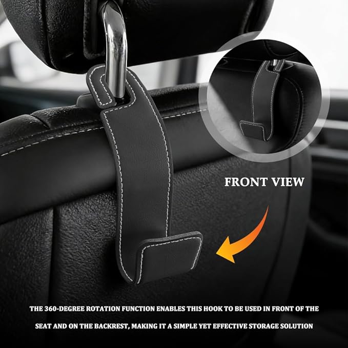 2PCS Purse Holder for Car, Purse Hook for Car, Leather Headrest Hooks for Automotive Back Seat, Auto Accessories Back Seat Organizer Hook for Grocery Bag Handbag Coat (Black, 2PCS)
