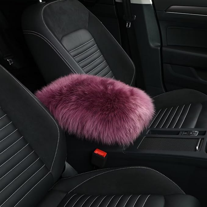 Wool Car Center Console Cover,Universal Fluffy Sheepskin Car Armrest Pad,Car Interior Accessory for Women Men,Armrest Cover Protector for Cars,Vehicles,SUV Dark Purple