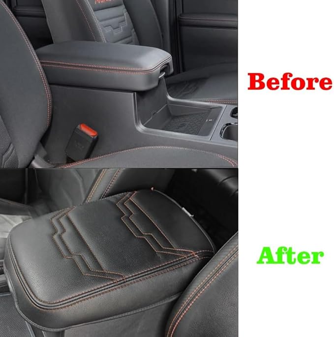 Muslogy for Frontier Center Console Pad Armrest Box Cover Vegan Leather Soft Accessories Armrest Lid Protector Compatible with Nissan Frontier 2022-2025 2026(Regular Thick, V2 Orange Stitching)