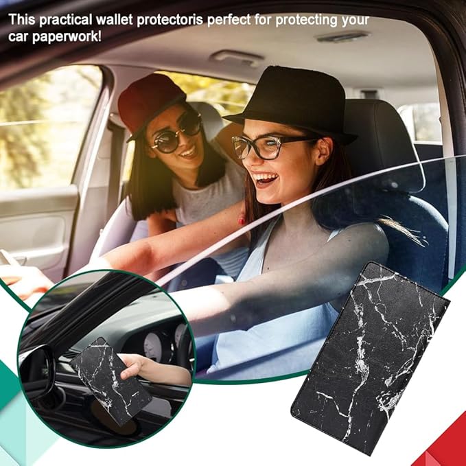 Vehicle Glove Box Car Organizer, Car Registration and Insurance Holder, Insurance Card Holder for Cars, Leather Card Holder Interior Auto Accessories for Women (Marble-Black/Large)
