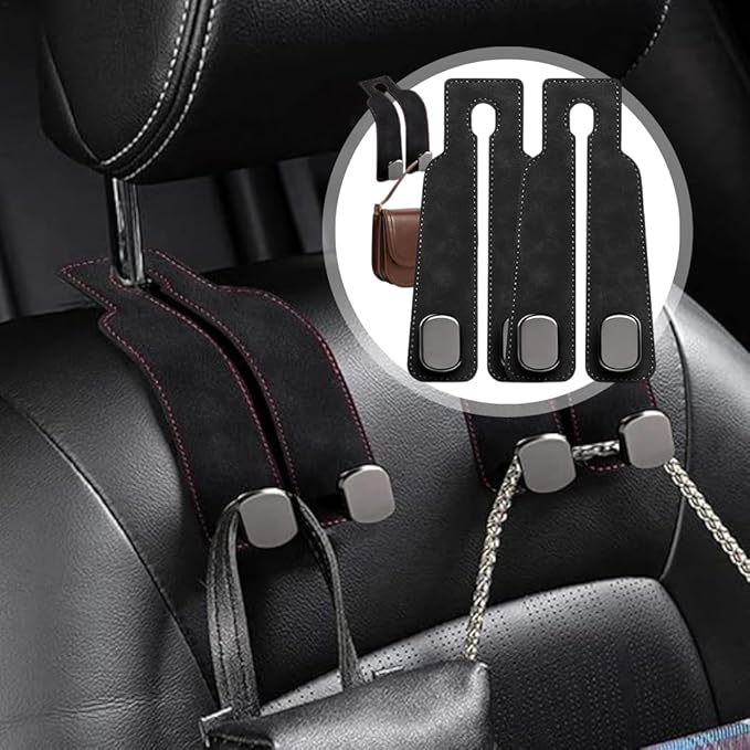 Car Seat Headrest Hooks for Purses and Bags - Premium Leather Double Hook Hanger with Metal Construction, Universal Purse Holder for Car Organization, Fits Most Vehicles (Black, 2-Pack)