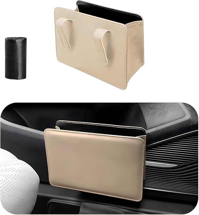 Car Trash Can, Foldable Waterproof Leather Car Garbage Organizer Holder, Automotive Mini Dustbin Container with One Roll Trash Bag, Universal Interior Car Accessories (Beige)
