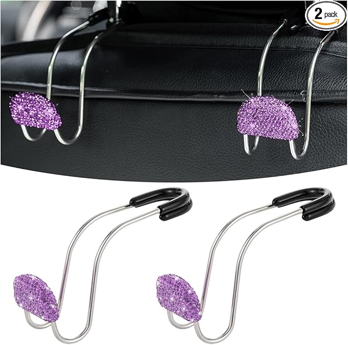AUCELI Car Headrest Hook, 2 Pack Bling Backseat Organizer Hanger for Purse Clothes Grocery Bag, Rhinestones Auto Headrest Storage Holder, Universal Car Seat Accessories for Most Vehicle (Purple)