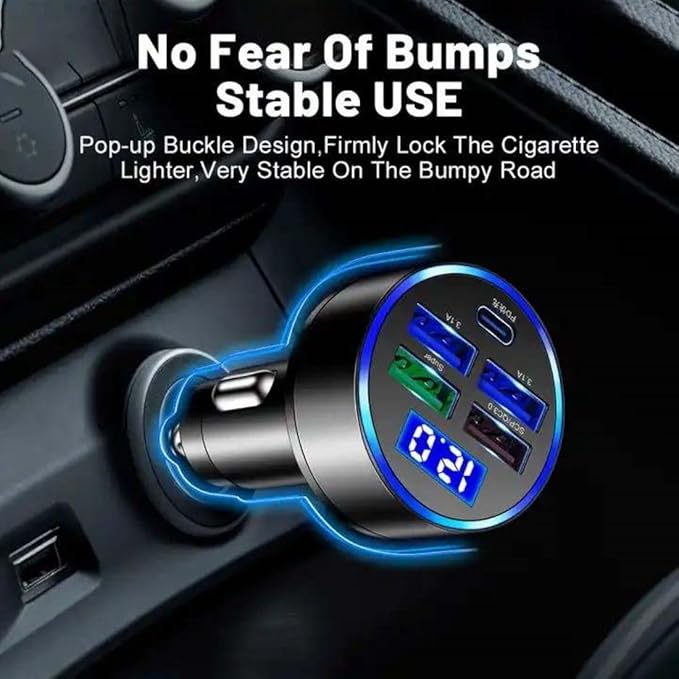 Car Charger 5 Port Cigarette Lighter USB Adapter LED Voltage Monitor (4USB+PD) Cigarette Lighter Adapter USB C Compatible with Android/iPhone and Tablets Devices (Pack of 2)