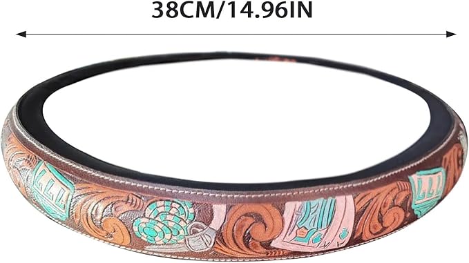 Retro Western Cowboy Car Universal Steering Wheel Cover, Embossed Handcrafted Tooled Leather Western,Anti Slip, Auto Interiors Accessories,Breathable for Trucks SUVs Cars (E)