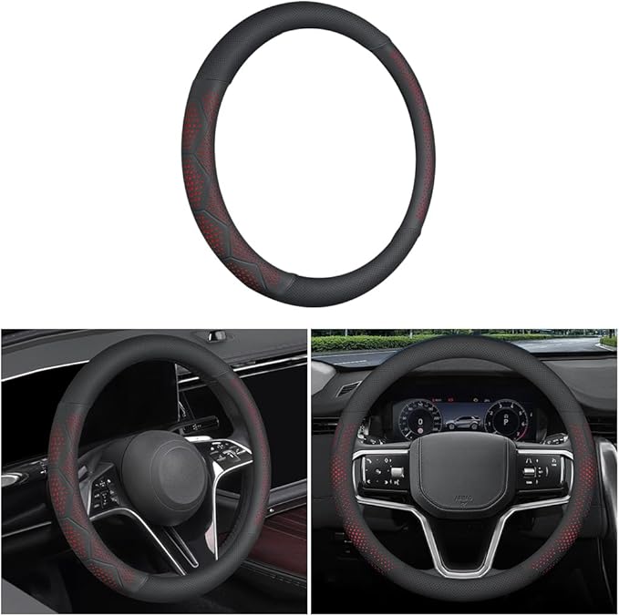 Car Steering Wheel Cover, Anti-Slip Breathable Leather Automotive Steering Wheel Protector, Soft Comfortable Vehicle Interior Protective Accessories, Universal for RV, SUV, Truck (Red)