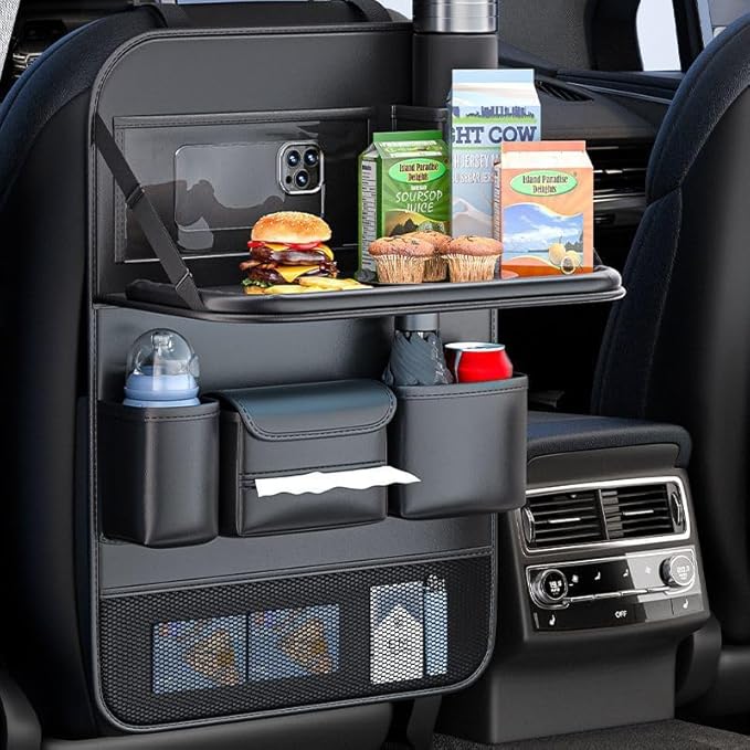 QIANKUNBAG 2 Pack Leather Car Backseat Organizer with Foldable Table Tray, Car Storage Organizer with Tablet Holder, Car Seat Back Protectors Kick MatsTravel Accessories