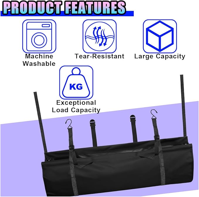 Hanging Car Trunk Organizer, Large Capacity Backseat Storage Bag with Adjustable Straps, Waterproof Collapsible Cargo Bag for Car SUV Truck (Black)
