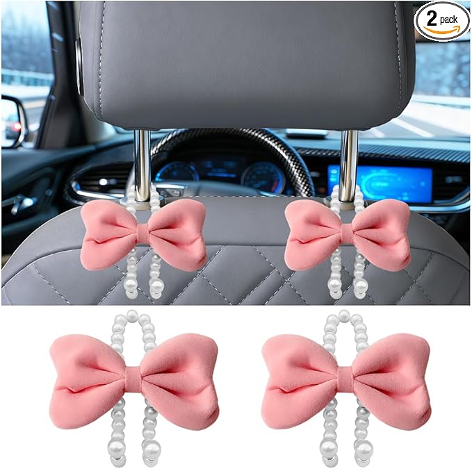 Car Seat Headrest Hook, 2PCS Elegant Bow Pearl Cute Vehicle Back Seat Hanger Hook, Automotive Headrest Storage Organizer for Handbag Purse Coat, Universal for SUV RV Truck (Pink)