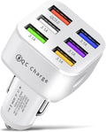 Amiss Car Charger Adapter, 6 USB Multi Port, Fast Charger, Include QC 3.0 and 5 Other Ports, Car Interior Accessories, Fit for iPhone 13/12/11/pro，Samsung Galaxy/Note S10/S9/S8 - Bright White
