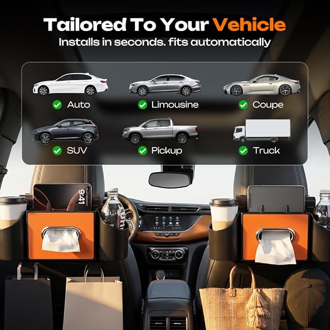 4-in-1 Car Backseat Organizer with Cup Holder, 2026 Upgraded Multifunctional Car Back Seat Organizer with Tissue Box, Trash Bin & Hooks for Hold Phones, Snacks, Drinks, and Handbags (Orange)