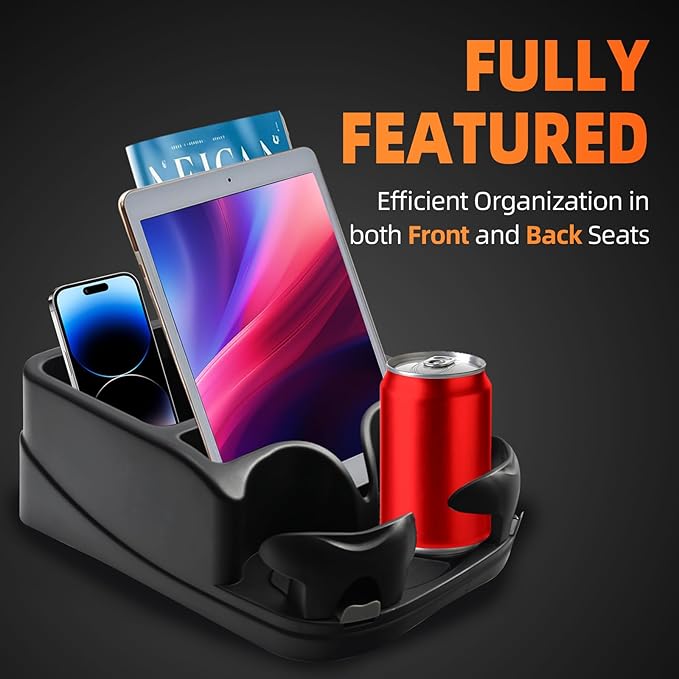 Keyiduid Car Console Organizer, Car Seat Organizer with 2 Adjustable Cup Holders, Center Console for Cars, Trucks, Minivans, SUVs, Vehicle Organizer, 3 Large Storage Compartment (Black)