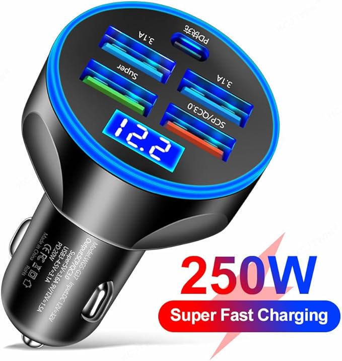 5-in-1 Multi-Port USB C Car Phone Charger with Voltage Display, 250W Super Fast Charge Cigarette Lighter USB Charger for iPhone/Android/Samsung/iPad Pro and More (Black)