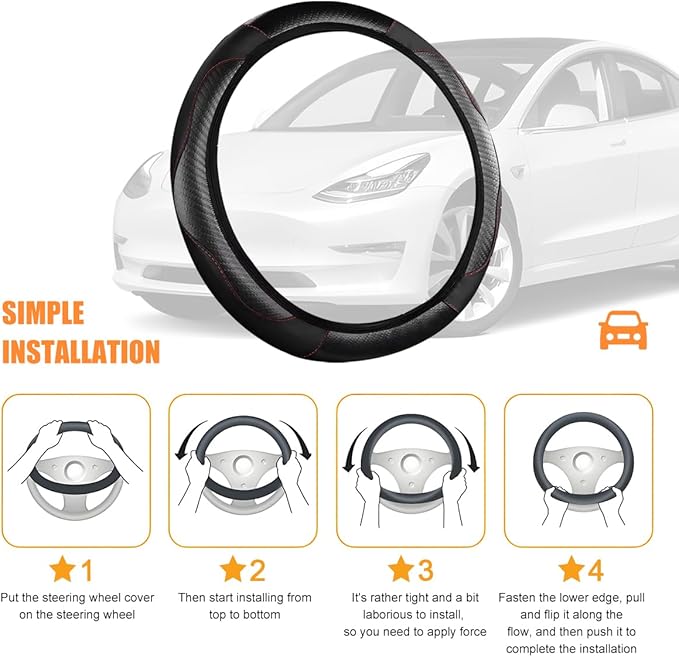 Carbon Fiber Car Steering Wheel Cover, 14.5-15 Inch Elastic Stretch Steering Wheel Guard, Sports Style Non-Slip Automotive Interior Accessories, Universal for Vehicles (Black)