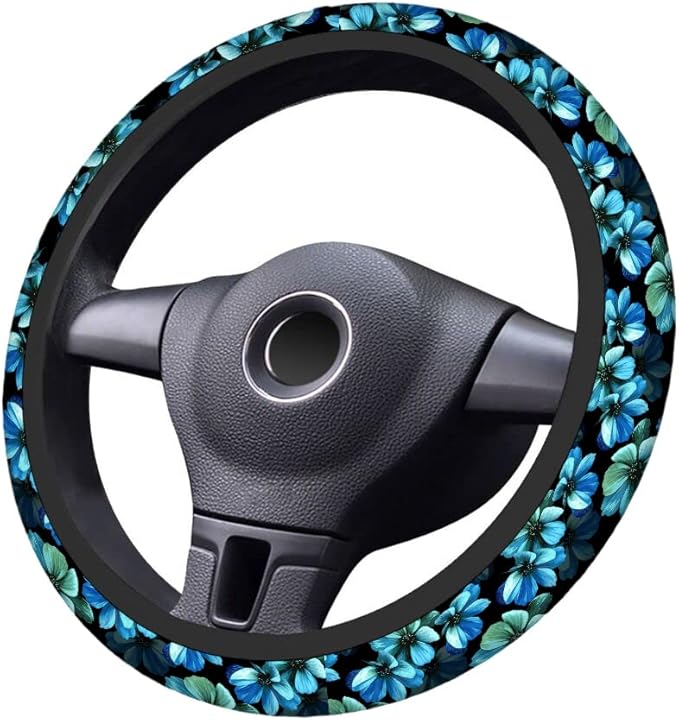 Swono Flowers Blue Car Steering Wheel Cover,Beautiful Blue Flowers On A Black Safe Driving Anti-Slip Steering Wheel Covers Steering Wheel Protection Case No Smell Universal 15 Inch
