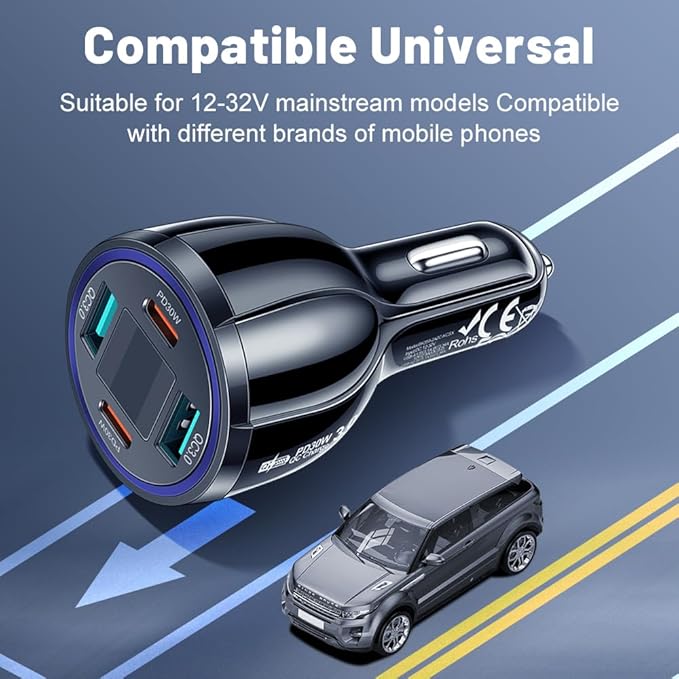USB C Car Phone Charger Adapter with Voltmeter Compatible with iPhone 16 15 14 13 12 11, Android, Samsung, 100W 4 in 1 Multi-Port Fast Charging Cigarette Lighter USB Charger (Black)