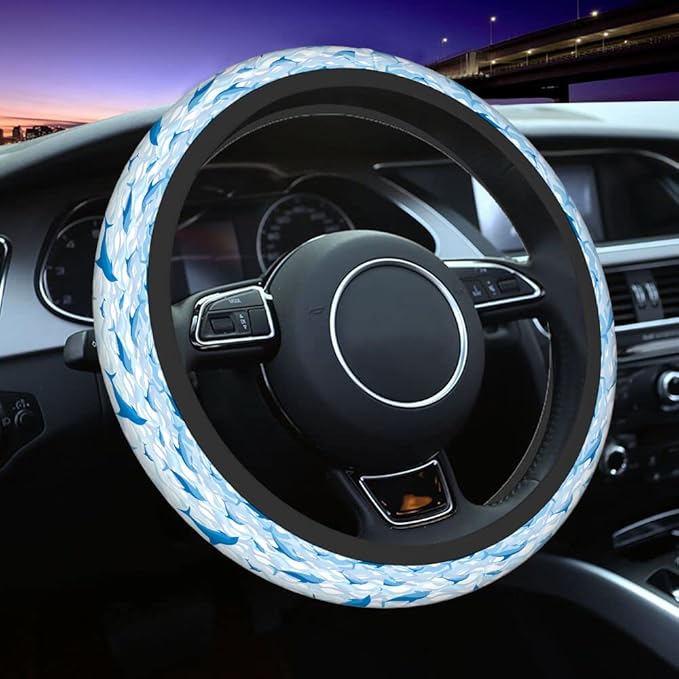 Swono Swimming Dolphin Steering Wheel Cover Cartoon Swimming Dolphin On Sea Wave Blue Background Universal 15 Inch Auto Car Steering Wheel Covers SUV Anti Slip Wheel Wrap Protector for Men Women