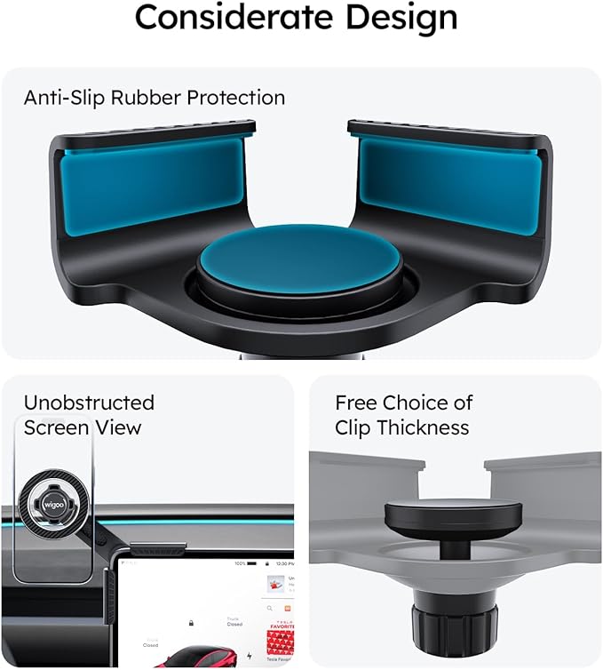 Wigoo Tesla Model Y/3 Phone Mount【Strongest Magnet, No Glue, No Blocking View】 Clamp-Style Silicone Phone Holder Holder Fit for All Phone, Tesla Model Y (Juniper) Accessories Model 3 Accessories