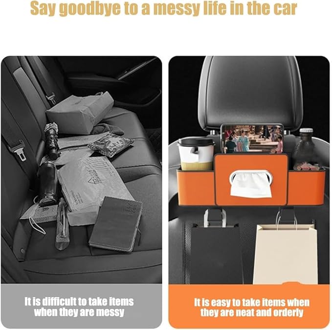 Car Organizers and Storage Box, Car Headrest Organizer Back Seat, Car Multifunctional Seat Back Waterproof Storage Bag, Car Seat Back Storage Box with 2 Cup Holders＆hooks (Black, 2pcs)