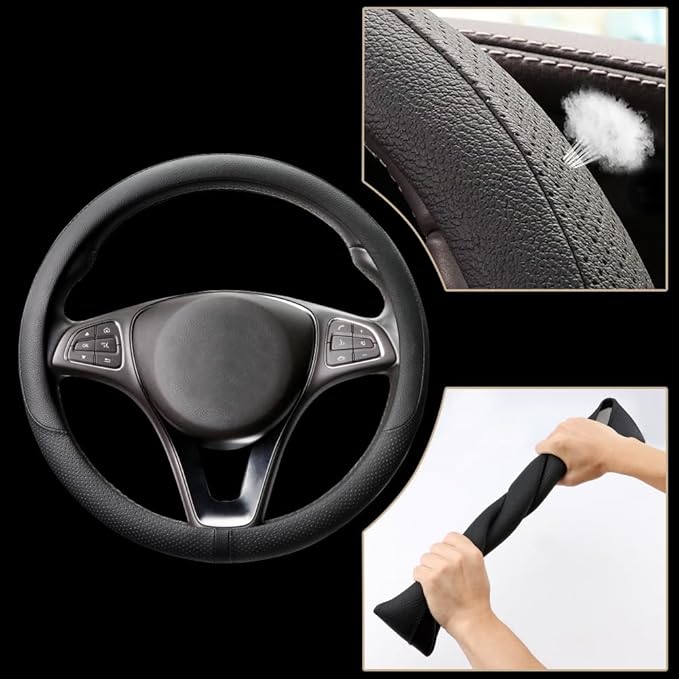 COFIT Breathable Car Steering Wheel Cover 15 inch Auto Universal Leather Wrap Non-Slip Steeringwheel Protector Automotive Interior Accessories, Black (Suit for 14 1/2-15 inch)