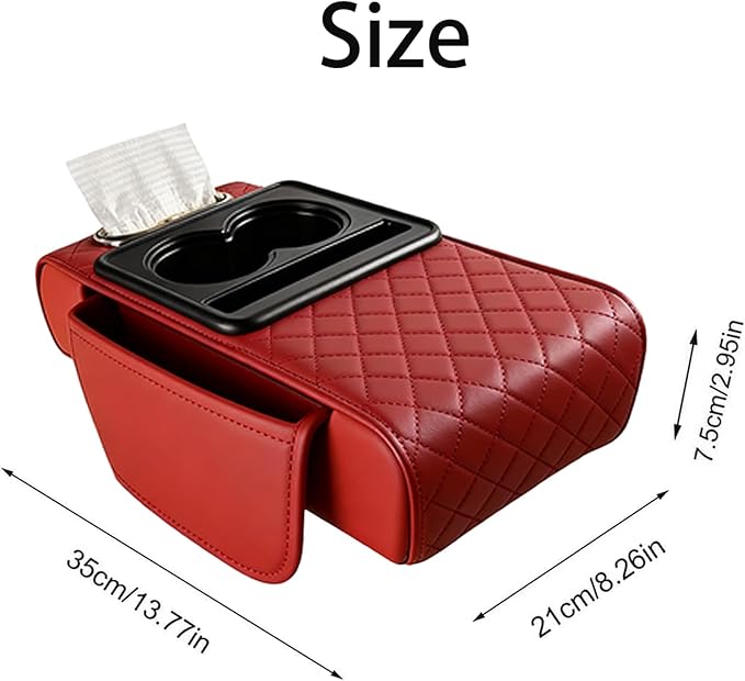 AHFBF Multifunctional Pu Leather Car Armrest Box Mat, Armrest Box Pad for Car, Leather Car Armrest Box Pad with Cup Holders, Car Armrest Box Mat, 5-in-1 Car Center Console Cover (Red)