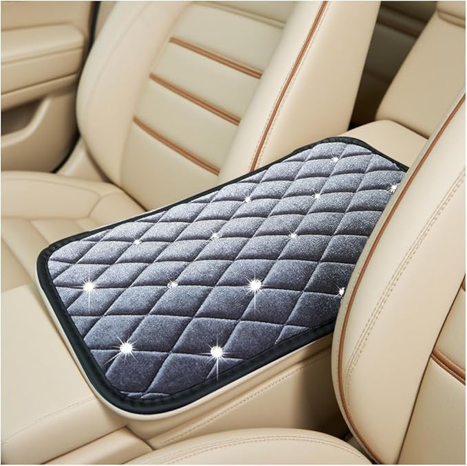 HZEL Bling Car Center Console Cover, Crystal Rhinestone Velvet Soft Vehicle Seat Armrest Box Protector Cushion, Comfortable Diamond Auto Arm Rest Mat Pad, Universal for Truck SUV Sedan (Gray)