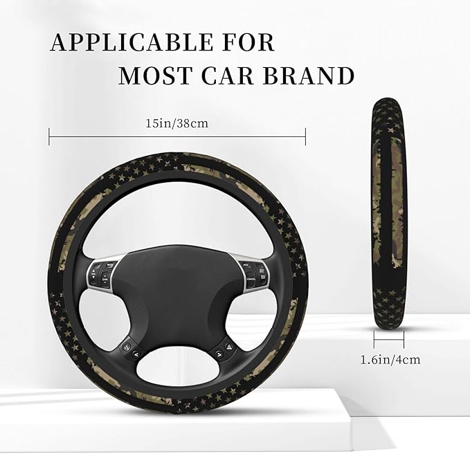 Camo American Flag Neoprene Steering Wheel Cover for Men Women Anti-Slip Elastic Steering Wheel Protective Cover 15in Universal Car Accessories Fit Cars, SUVs, Auto
