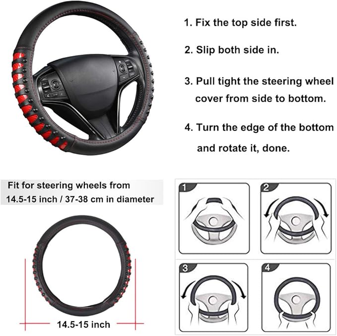 West Llama Microfiber Leather Car Steering Wheel Cover for Men Women,Universal Fit 14.5-15 inch(Leather Nails-Red+Black-Standard Size)