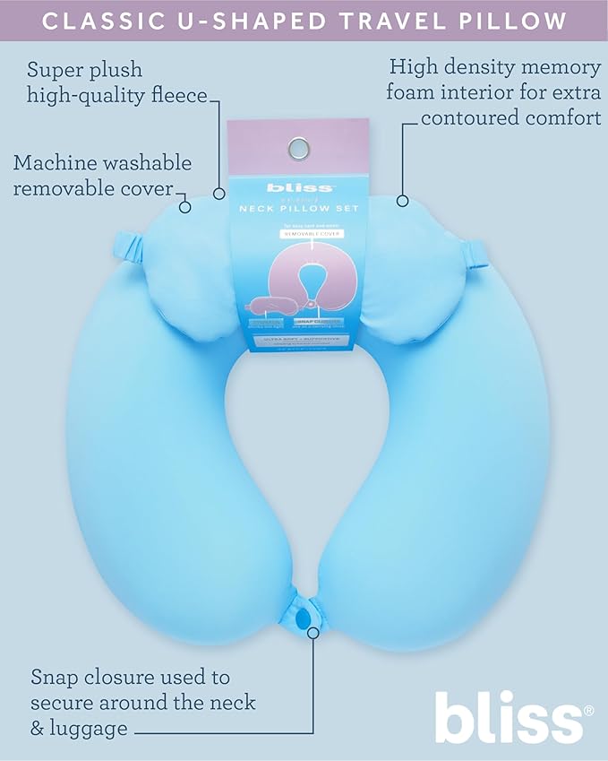 Bliss Neck Pillow - Lightweight U-Shaped Memory Foam Travel Neck Pillow with Snap Closure for Airplanes, Traveling, Offices, Cars, Size One Size, Light Aqua with Mask