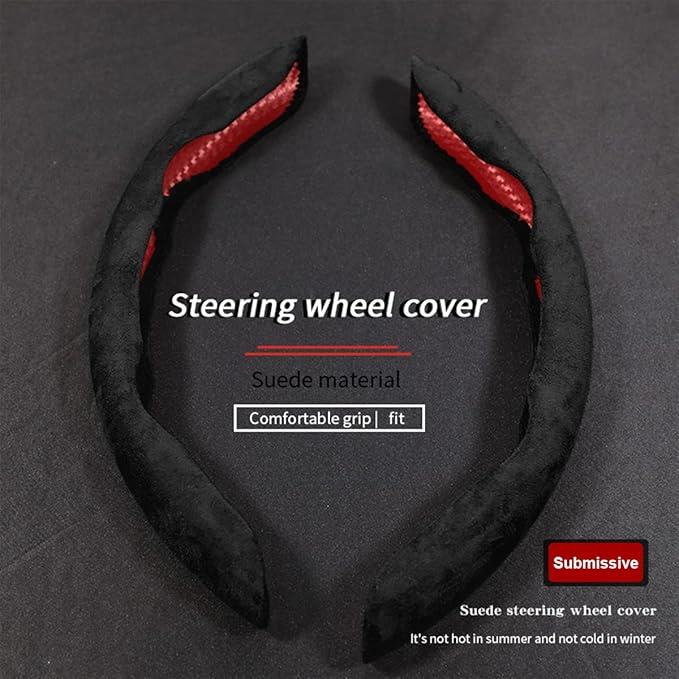 Car Steering Wheel Cover, Microfiber Suede Leather and Carbon Fiber Double Sided Design, Warm in Winter and Cool in Summer, Breathable Non Slip Segmented Protector for Most Cars (Turn Fur/Black)
