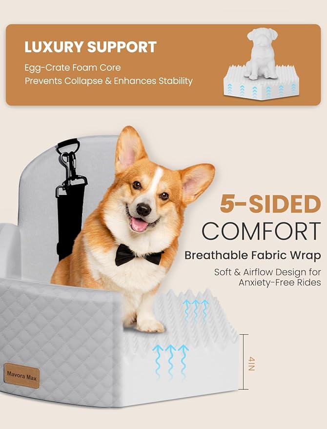 Mavora Max Dog Car Seat for Small/Medium Dogs, Elevated Dog Booster Seat Memory Foam Puppy Car Seat with Washable Cover, Travel Safety Pet Seat for Car with Storage Pockets Up to 35 lbs (Grey)
