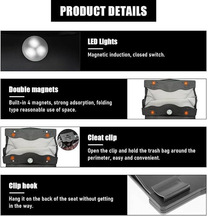 Hanging Car Trash Bag, Foldable Magnetic Garbage Can with Smart LED for Front Back Seat, Multi-Functional Waterproof Leather Rubbish Bag Storage Pocket, Car Accessories (Black)