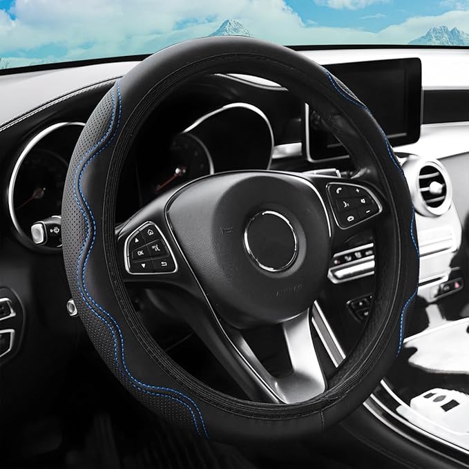 zipelo Elastic Stretch Steering Wheel Cover, Microfiber Breathable Ice Silk, Universal 15 Inch Anti-Slip Car Steering Wheel Protector, Warm in Winter and Cool in Summer for Women (Style2-Black/Blue)