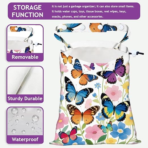 Butterflies Flowers Strap Drawstring Car Trash Bag Hanging Garbage Bag with Snap Buttons Car Back Seat Trash Storage Portable Dustbin Vehicle Trash Can Bag for Vehicle Travel Camping