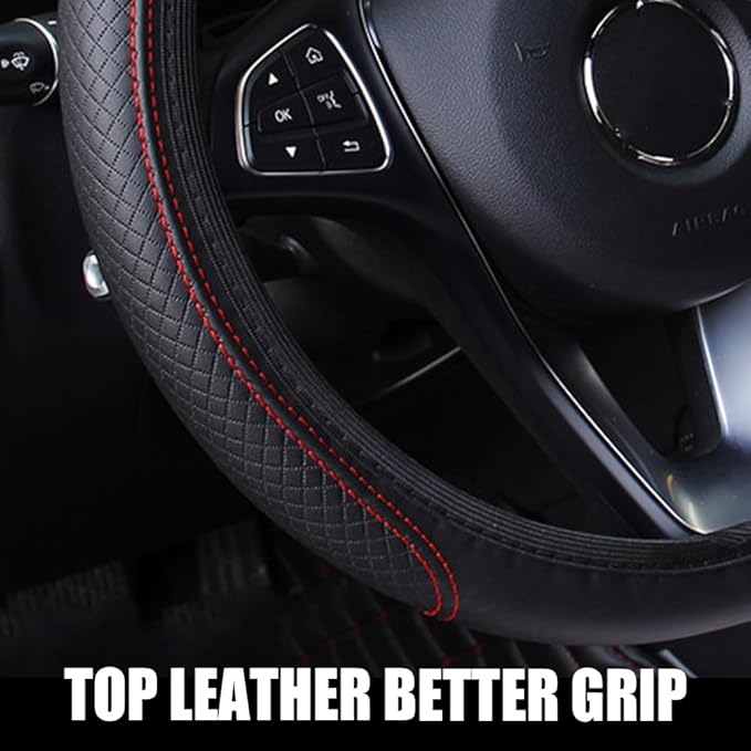 Car Steering Wheel Cover, Universal 14.5-15 Inch Black Leather Steering Wheel Wrap with Better Sport Grip for Men Women, Anti-Slip Breathable Car Interior Accessories for Most Vehicle (Black with red)