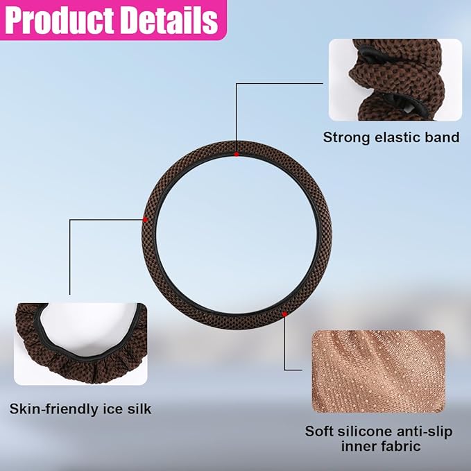 Elastic Stretch Steering Wheel Cover, Anti-Slip 15 inch Microfiber Odorless Breathable Ice Silk Car Steering Wheel Protector, Easy Carry, Warm in Winter & Cool in Summer (Coffee)