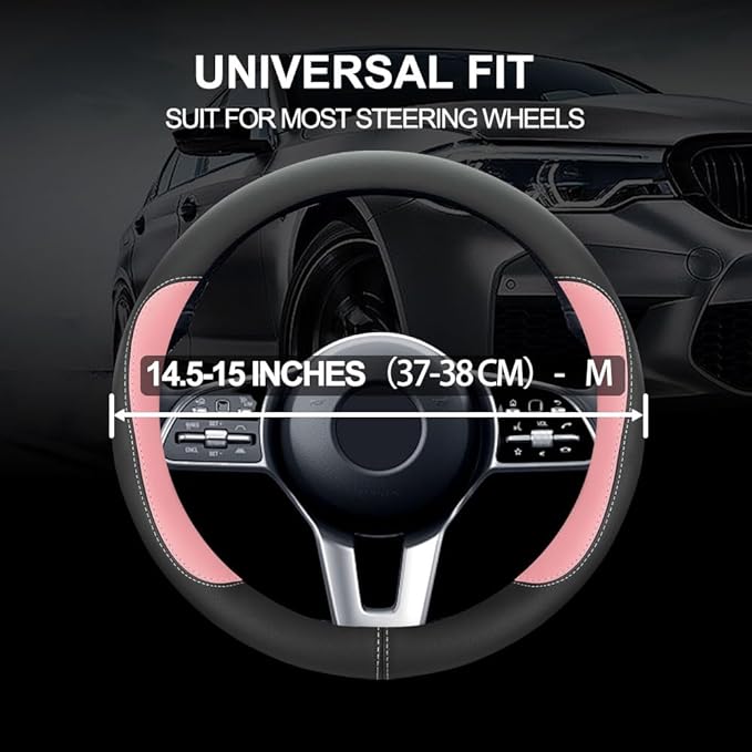 Car Steering Wheel Cover,Microfiber Leather Steering Wheel Cover Universal 14.5-15 inch, Anti-Slip Breathable Auto Wheel Cover Protector for Men Women (Black&Pink)