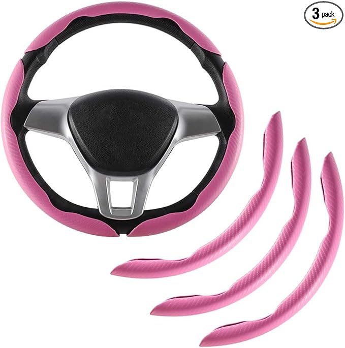 3pcs Carbon Fiber Car Steering Wheel Cover, Segmented Anti-Skid Steering Wheel Protector, Universal 99% Steering Wheel, Butterfly Steering Wheel Cover Women Men, Car Accessories Interior (Pink)