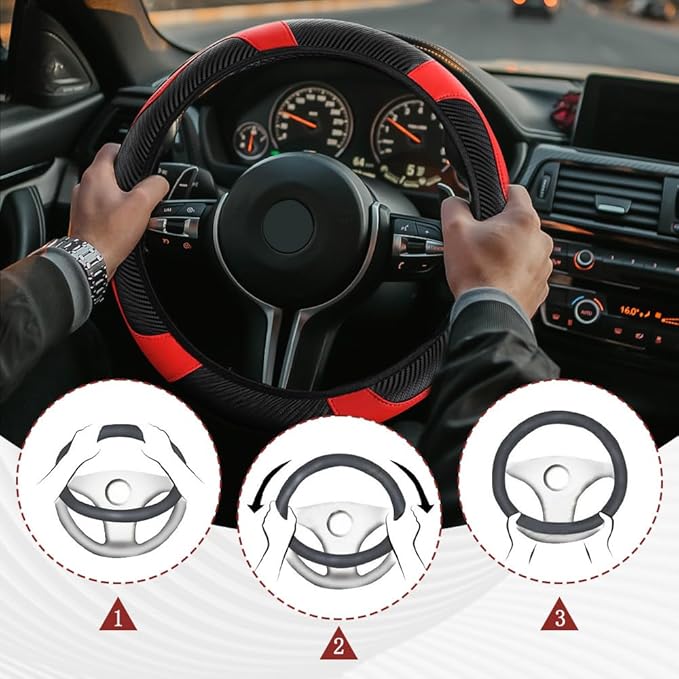 Car Steering Wheel Cover, Steering Wheel Protector, Universal 14.5-15 Inch Microfiber Leather Breathable Auto Steering Wheel Covers, Carbon Fiber Steering Wheel Cover for Women Men (Red)