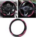 Car Steering Wheel Cover, 15 inch Carbon Fiber Microfiber PU Leather Elastic Steering Wheel Protector for Unisex, Anti-Slip Breathable Car Interior Accessories for Most Cars (Pink)