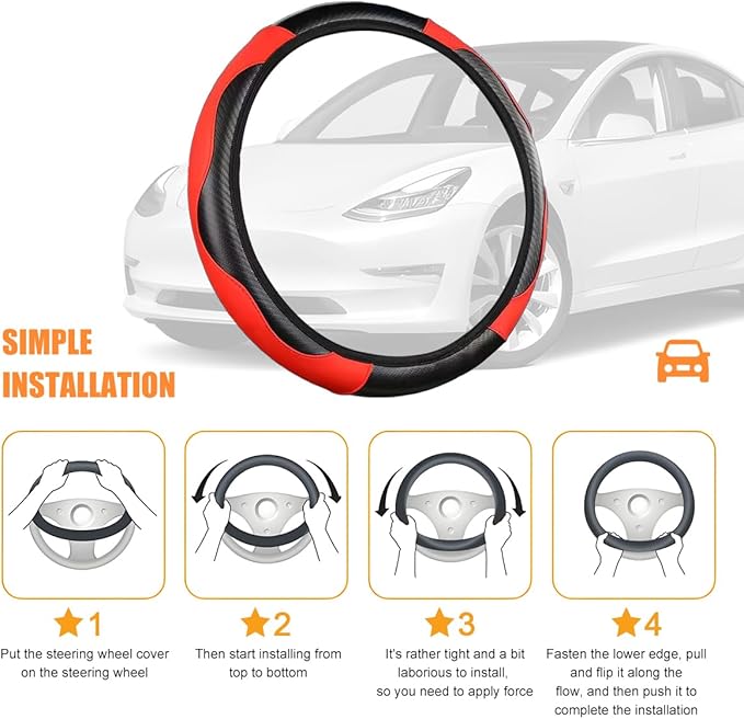 Carbon Fiber Car Steering Wheel Cover, 14.5-15 Inch Elastic Stretch Steering Wheel Guard, Sports Style Non-Slip Automotive Interior Accessories, Universal for Vehicles (Black/Red)