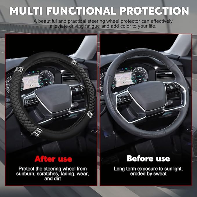 Car Steering Wheel Cover, Steering Wheel Accessories, Breathable Microfiber Leather Auto Wheels Protector, Universal 15 Inch Anti-Slip Protector for SUV Sedan Truck (Bling-Black)