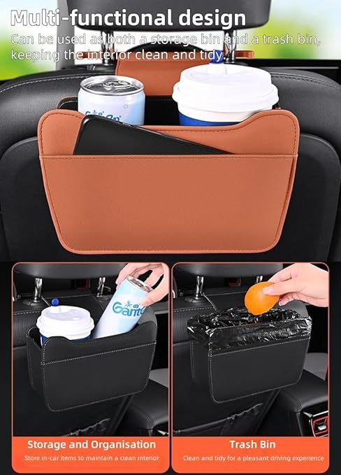 Car Leather Trash Can for Headrest, Hanging Garbage Bin, Waterproof Foldable Stroage Organizer for Car, Multipurpose Interior Accessories for SUV Truck RV Camping(Orange Seat headrest)