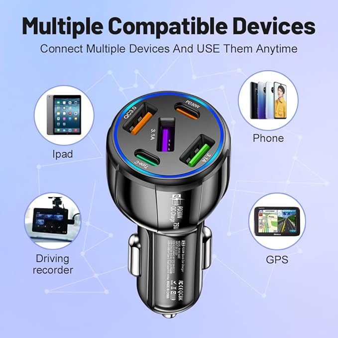 75W USB C Car Charger 5-Port Car Charger Adapter, PD & QC3.0 Fast Charging Cigarette Lighter USB Charger for iPhone/Android/Samsung Galaxy S10 S9 Plus (Black)