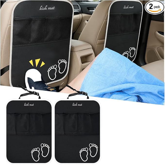 Car Kick Mats Backseat Organizer, 2PCS 2 in 1 Anti Kick Waterproof Back Seat Protector with 2 Storage Pockets, Large Capacity Auto Seat Accecories for Pets Kids, Universal Fit