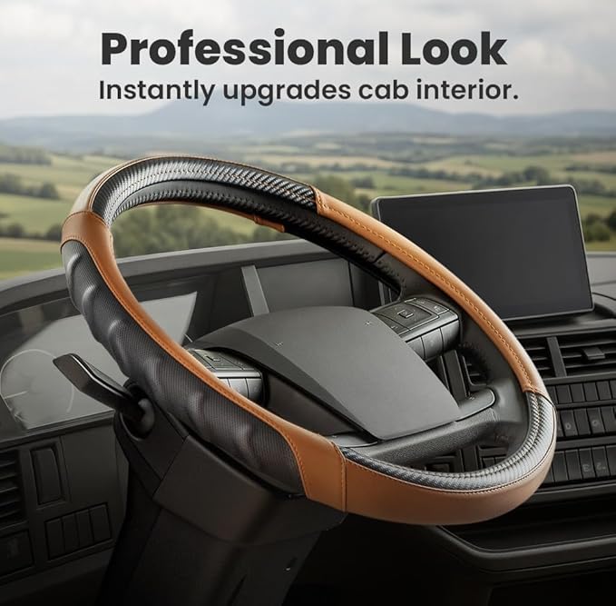 Vyonix 18 Inch Semi Truck Steering Wheel Cover – Premium Leather Grip for Big Rigs & Long-Haul Drivers – Anti-Slip, Breathable Comfort – Durable semi Truck Accessories for Drivers – Brown