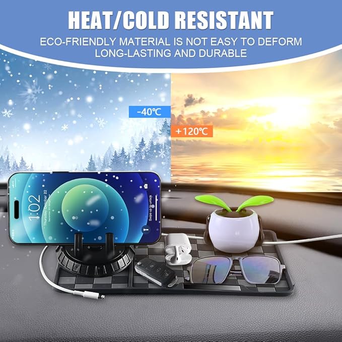 NHHEO Car Anti Slip Mat Dashboard Tray Decorations Sticky Pad Thicken Washable with 360° Rotating Universal Phone Pad Holder+Number Plate for GPS Aromatherapy Sunglasses Key(Black&Gray)