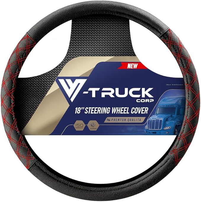 Genuine Leather Steering Wheel Cover for Semi Truck – 18" X-Large, Black with Red Diamond Stitching, Anti-Slip Grip, Fits 18 Inch Wheels for Big Rig, RV & 18 Wheeler Trucks (Black/red)